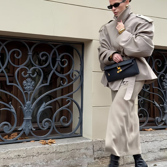Damen Oversized Trenchcoat mit hochgeschlossenem Kragen und weiten Ärmeln Heidi-Mode