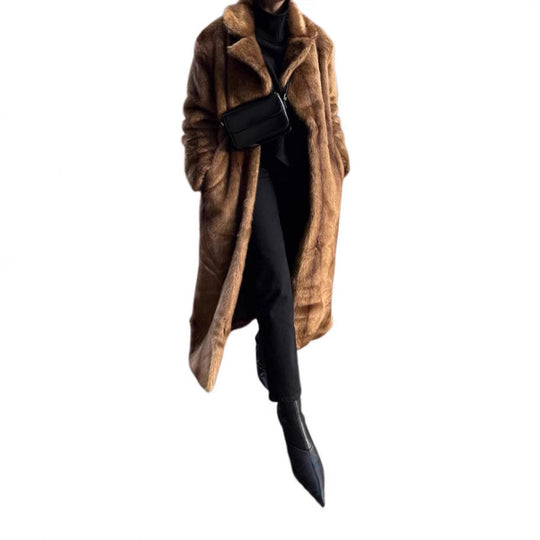 Damen Langer Kunstfellmantel mit breitem Revers und lässigem Schnitt Heidi-Mode
