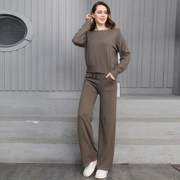Damen gemütliches Strick-Loungewear-Set mit weitem Schnitt und praktischen Taschen Heidi-Mode