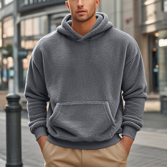 Herren Hoodie aus kuscheligem Teddy-Fleece mit Kängurutasche und breiten Bündchen Heidi-Mode