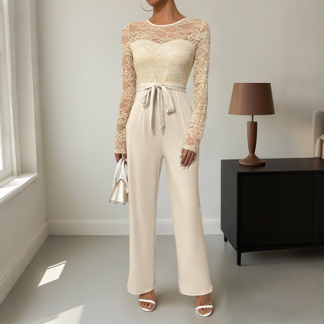 Damen Eleganter Jumpsuit mit Spitzenoberteil und tailliertem Bund Heidi-Mode