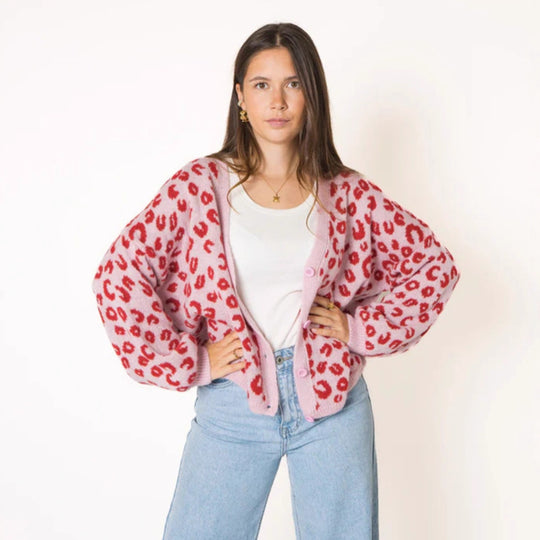 Damen lässiger Strickcardigan mit elegantem Leopardenmuster Heidi-Mode