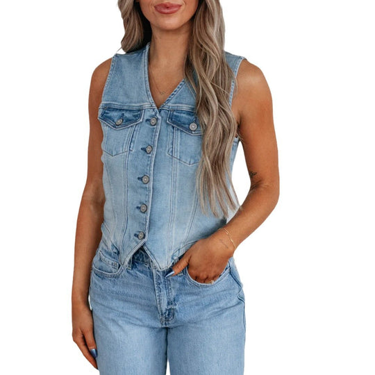 Damen Denim Weste mit Knopfleiste und modernen Schnittrahmen Heidi-Mode