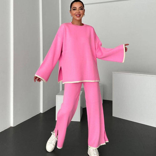 Damen lässiger Strickanzug mit weitem Schnitt und seitlichen Schlitzen Heidi-Mode