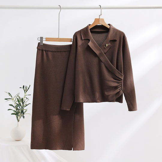 Damen elegantes Strickensemble mit Wickeloberteil und raffinierter hoher Taillierung Heidi-Mode