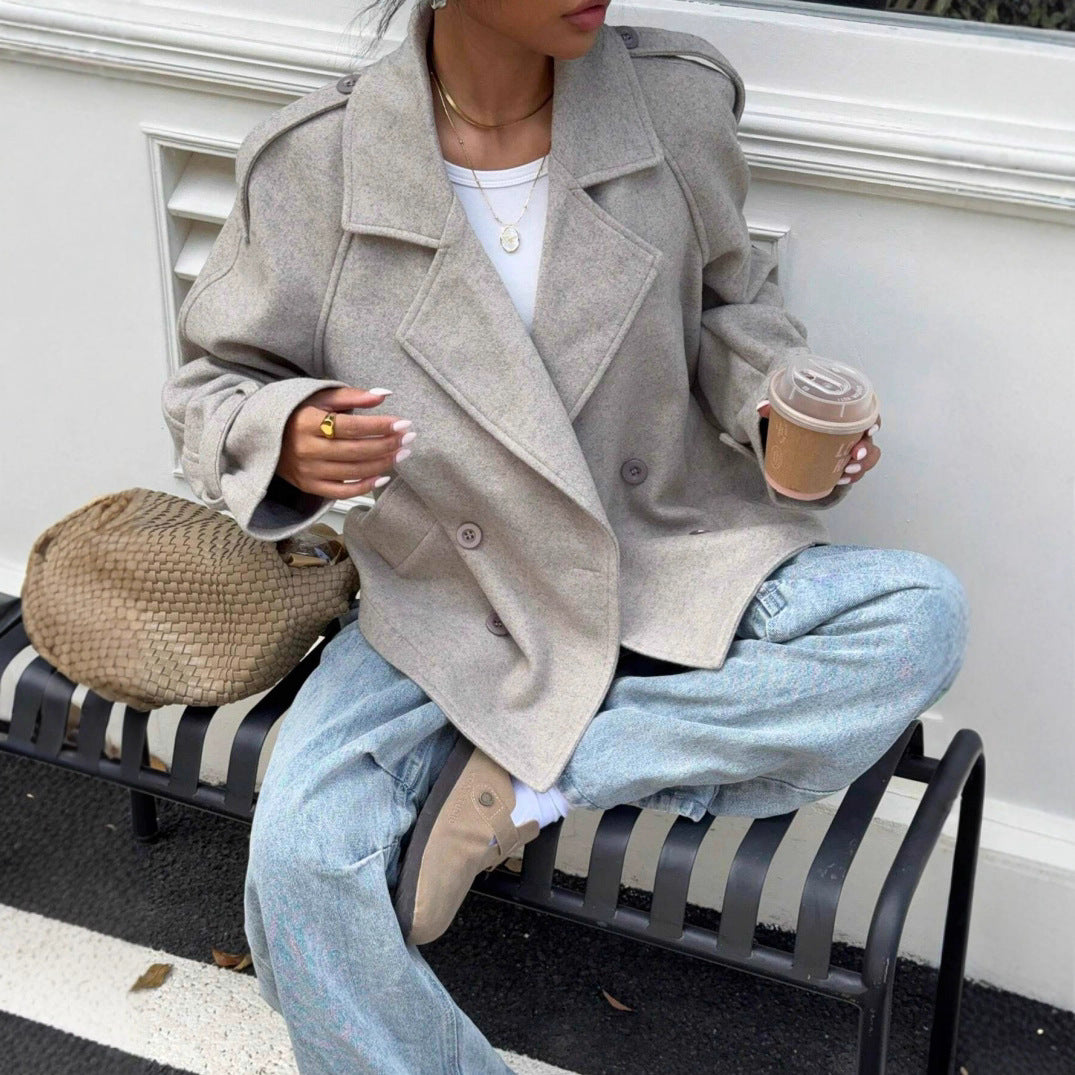 Damen modische Wolle-Lapel-Jacke mit Doppelreihe Heidi-Mode