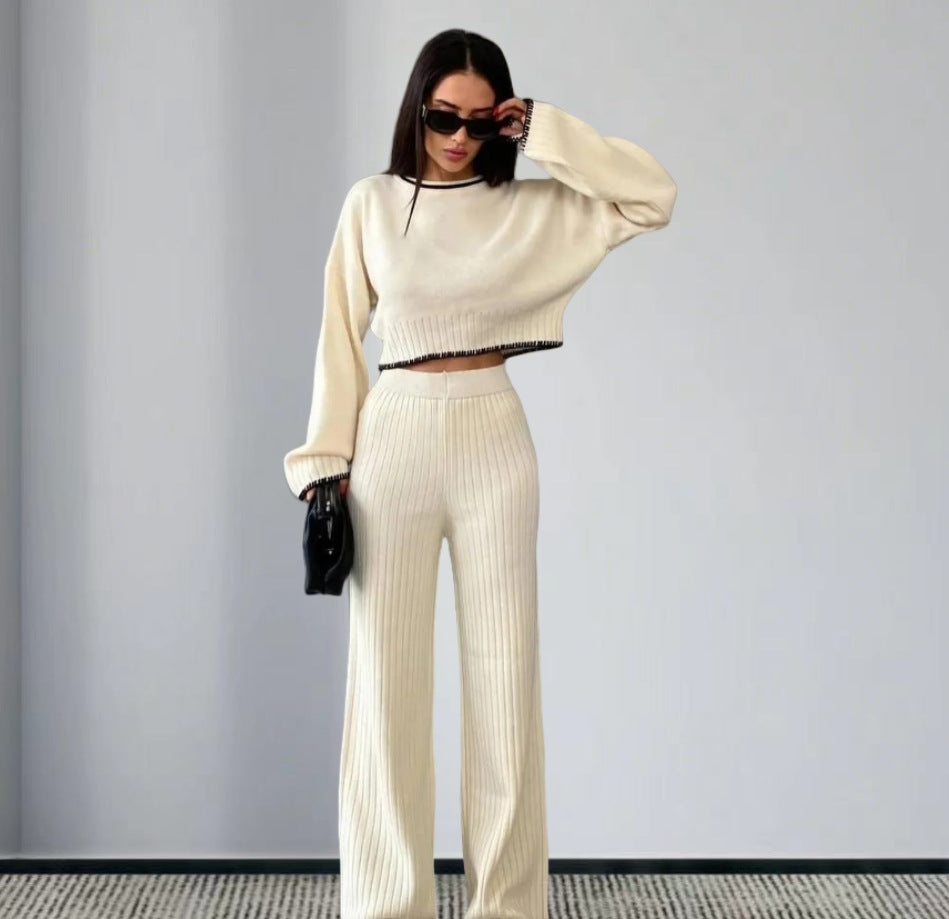 Damen elegantes Strickanzug mit weitem Bein und romantischen Ärmeln Heidi-Mode