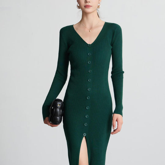 Damen Langes Strickkleid mit V-Ausschnitt und durchgehender Knopfleiste Heidi-Mode