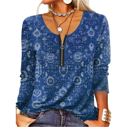 Damen Langarmshirt mit schimmerndem Glitzerdetail und halsfernem Reißverschluss Heidi-Mode