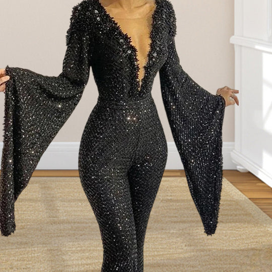 Damen Glamouröses Jumpsuit mit schimmernden Pailletten und weiten Ärmeln Heidi-Mode