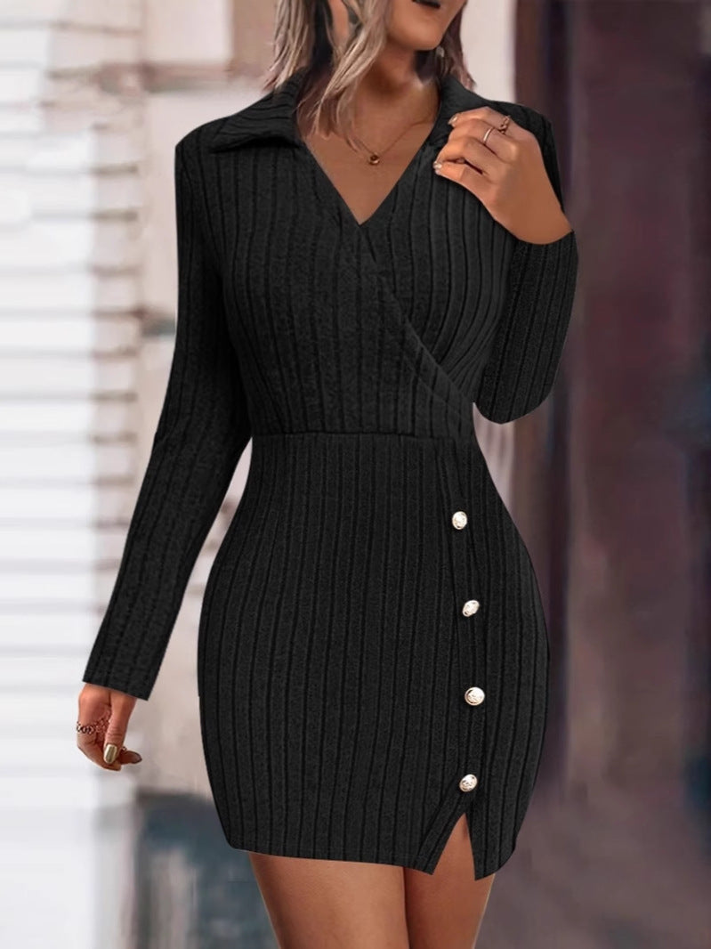 Damen Strickkleid mit V-Ausschnitt und Knopfdetails Heidi-Mode