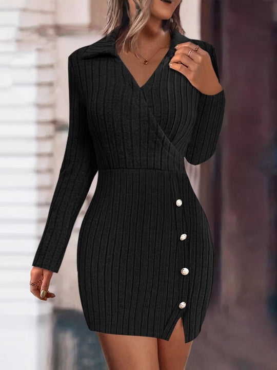Damen Strickkleid mit V-Ausschnitt und Knopfdetails Heidi-Mode