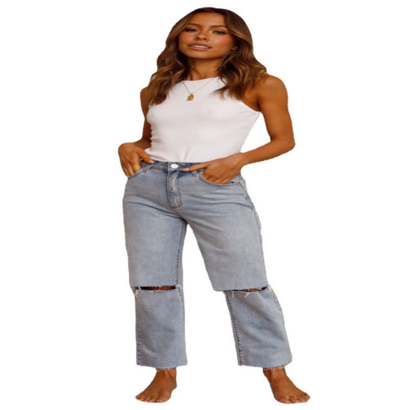 Damen Ripped Jeans im lässigen High-Waist-Schnitt mit fransigen Säumen Heidi-Mode