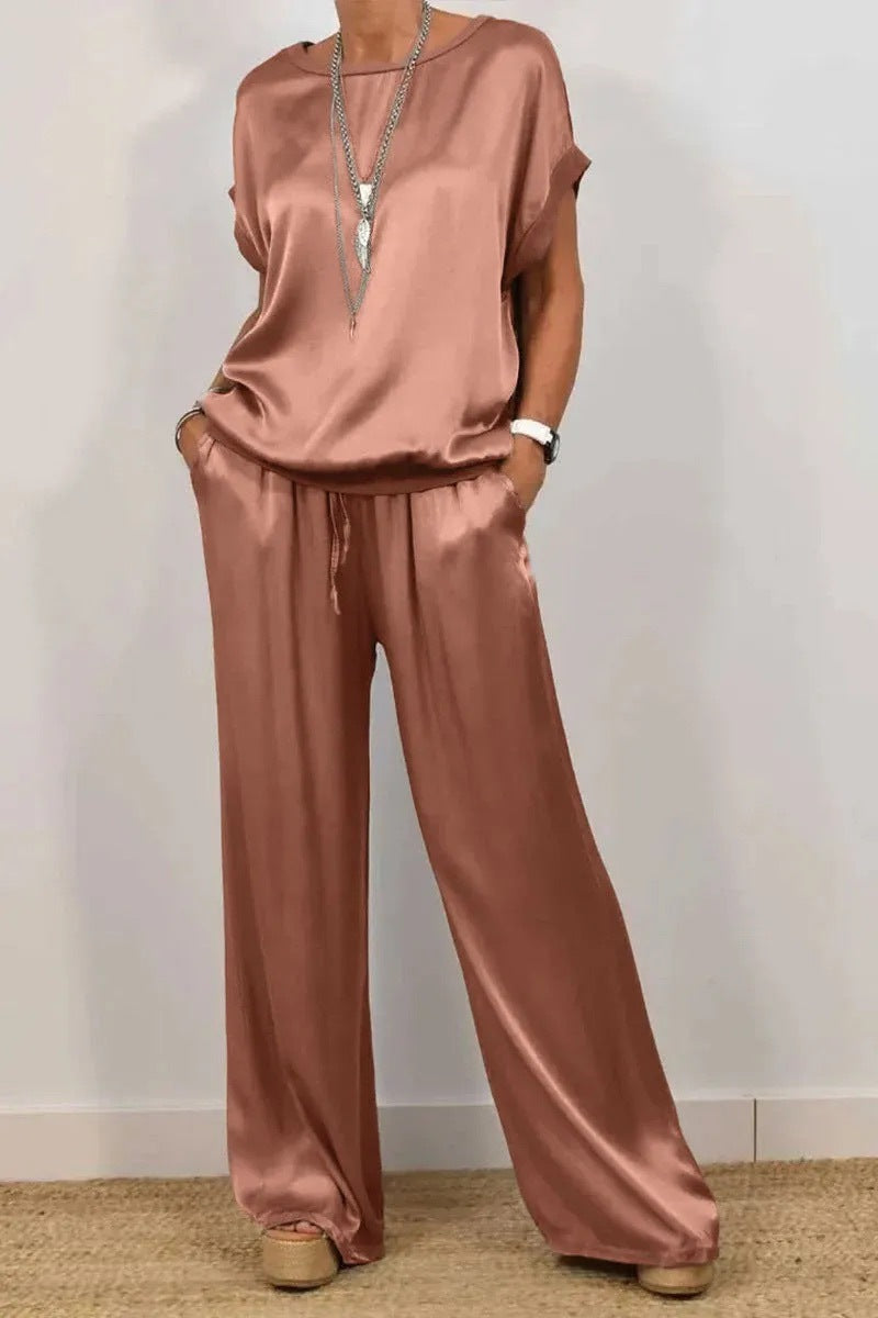 Damen Elegantes Satin Lounge-Set mit weitem Schnitt und lässigem Oberteil Heidi-Mode