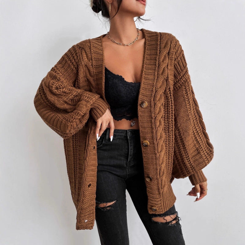 Damen Grobstrick Cardigan mit weiten Ärmeln und Knopfdetails Heidi-Mode