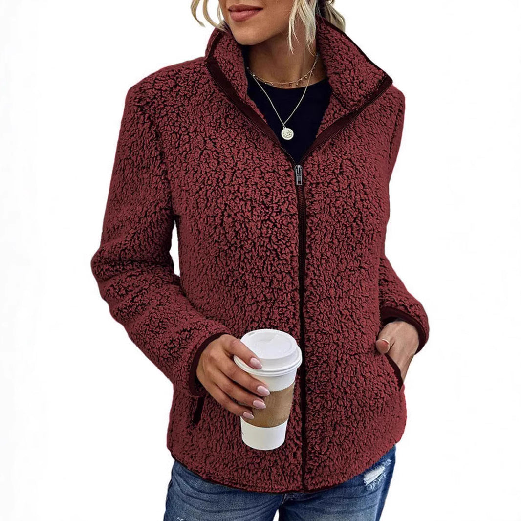 Damen kuschelige Fleecejacke mit hohem Kragen und praktischen Taschen Heidi-Mode