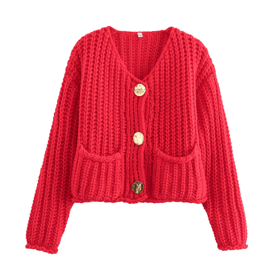 Damen Kuschelige Strickjacke mit großen Knöpfen und aufgesetzten Taschen Heidi-Mode