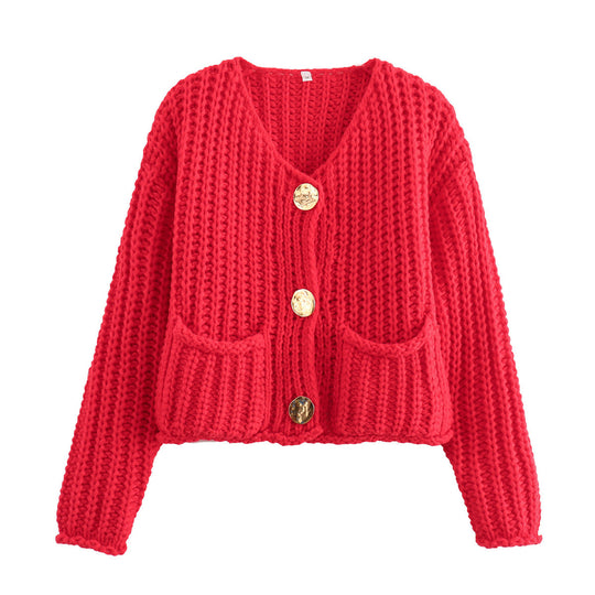 Damen Kuschelige Strickjacke mit großen Knöpfen und aufgesetzten Taschen Heidi-Mode