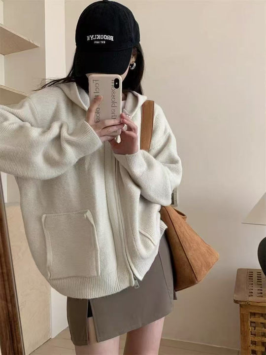 Damen Casual Oversized Strickjacke mit Kapuze und Taschen Heidi-Mode