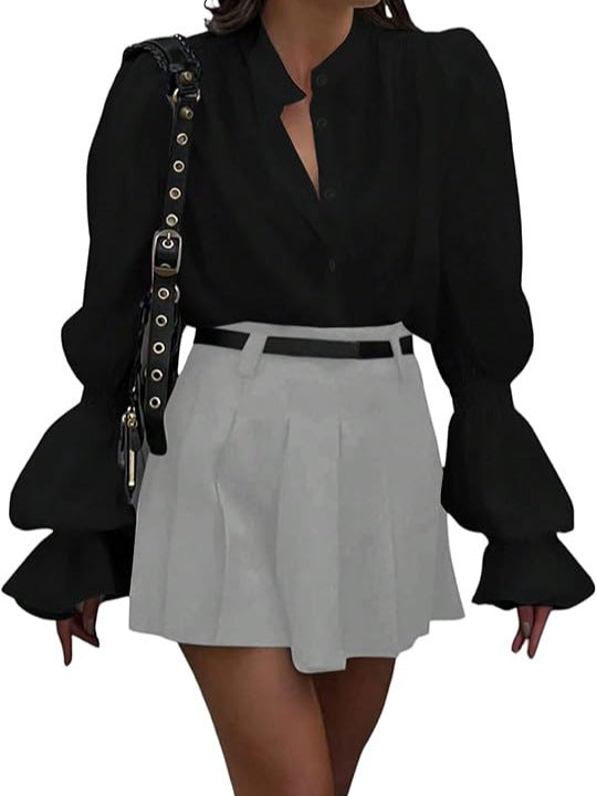 Damen Bluse mit eleganten Puffärmeln und zeitlosem Stehkragen Heidi-Mode