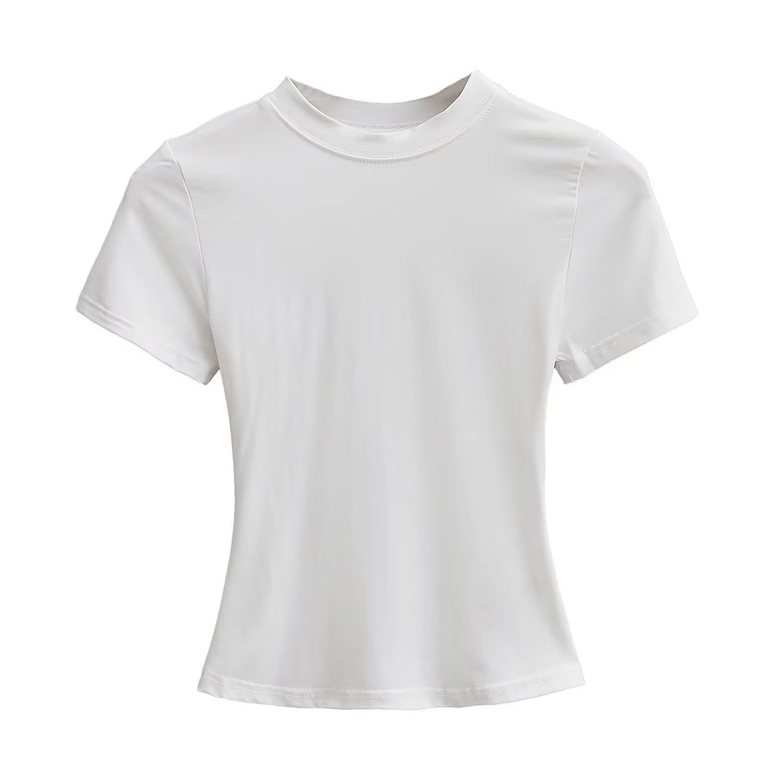 Damen Kurzarm T-Shirt mit hochgeschlossenem Kragen und figurbetontem Schnitt Heidi-Mode
