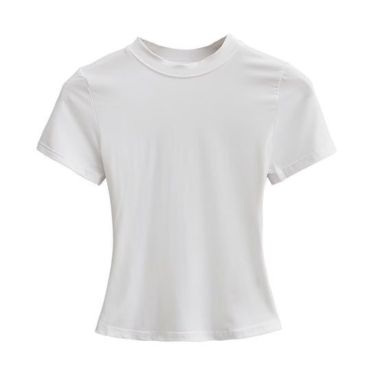 Damen Kurzarm T-Shirt mit hochgeschlossenem Kragen und figurbetontem Schnitt Heidi-Mode