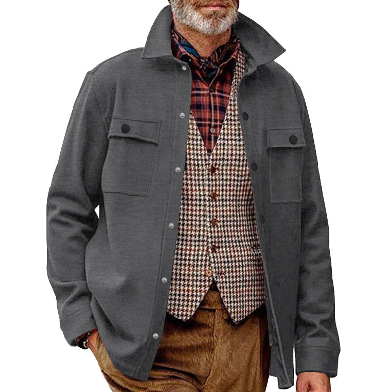 Herren Fleece-Hemdjacke mit zwei Brusttaschen und modischem Stehkragen Heidi-Mode