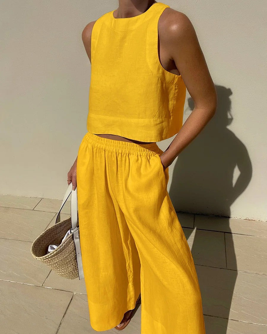 Damen luftiges und modernes Leinen-Set mit Cropped Top und weitem Hose Heidi-Mode