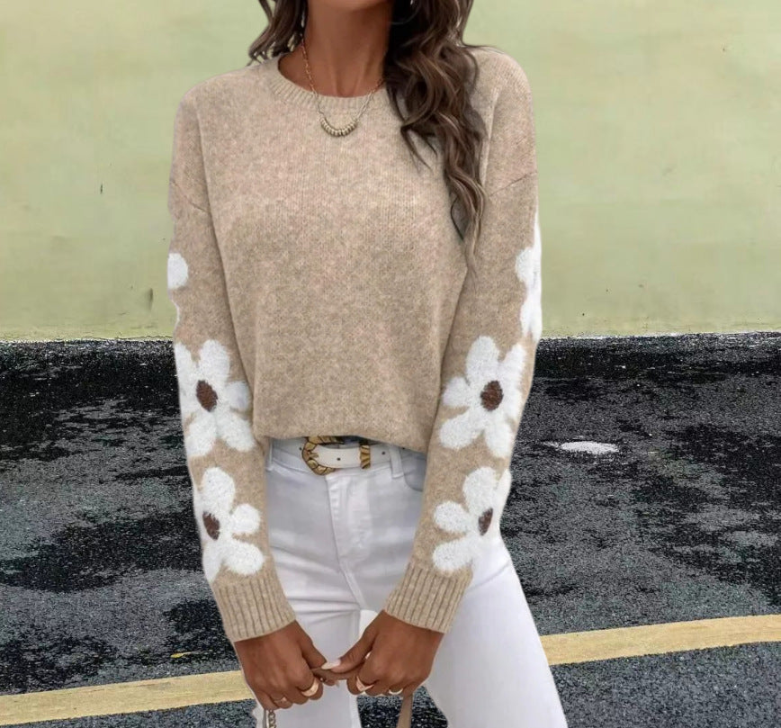 Damen Strickpullover mit floralem Muster und Rundhalsausschnitt Heidi-Mode