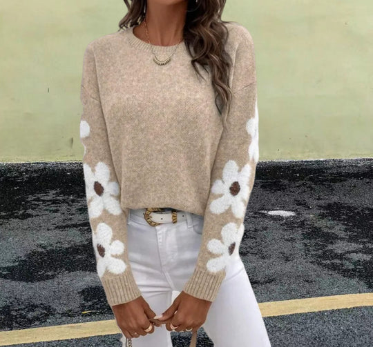 Damen Strickpullover mit floralem Muster und Rundhalsausschnitt Heidi-Mode