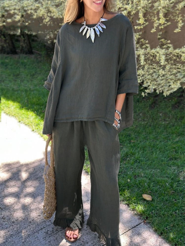 Damen lässiges Leinen-Outfit mit weitem Schnitt und angeschnittenen Ärmeln Heidi-Mode