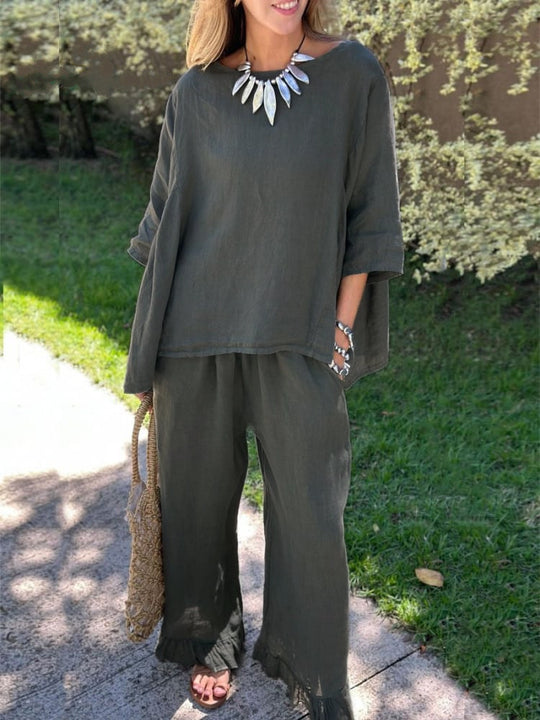 Damen lässiges Leinen-Outfit mit weitem Schnitt und angeschnittenen Ärmeln Heidi-Mode