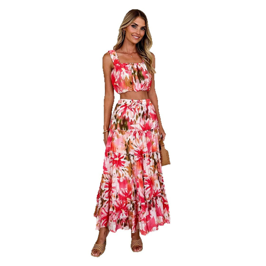 Damen Drei-Teiler Set mit Crop-Top, Maxirock und floralen Mustern Heidi-Mode