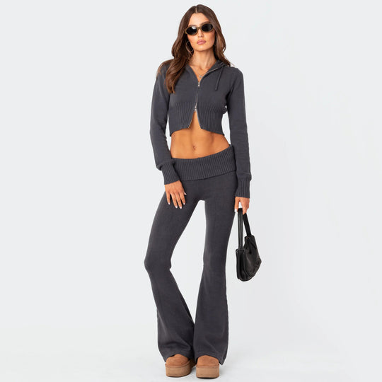 Damen modisches Cropped Strickoberteil mit Flared Pants Heidi-Mode