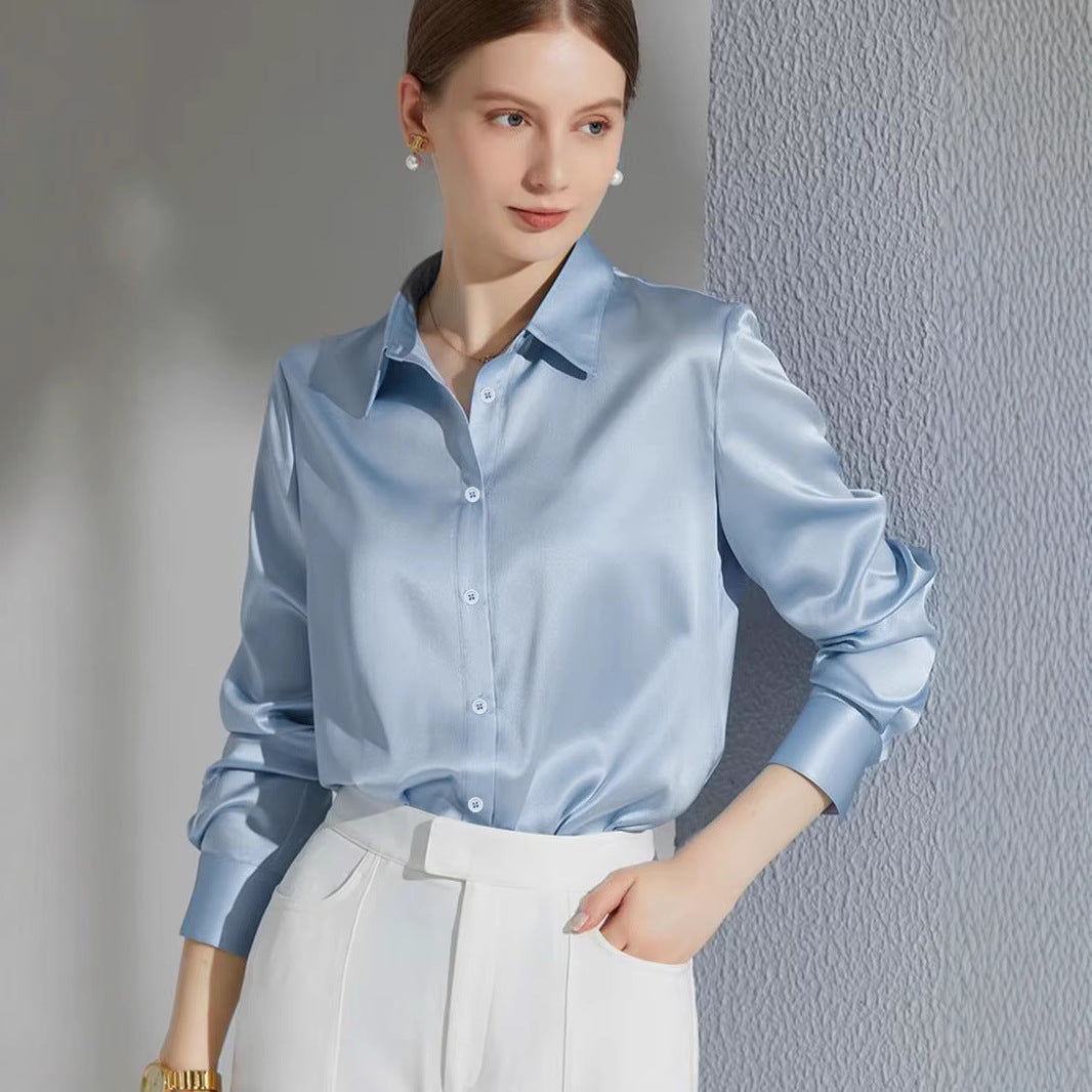 Damen Luxus Satin-Bluse mit elegantem Kragen und weichen Ärmeln Heidi-Mode