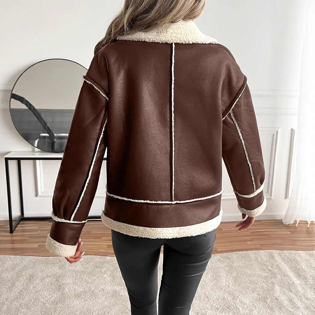 Damen stylische Kunstlederjacke mit Schaffellkragen Heidi-Mode