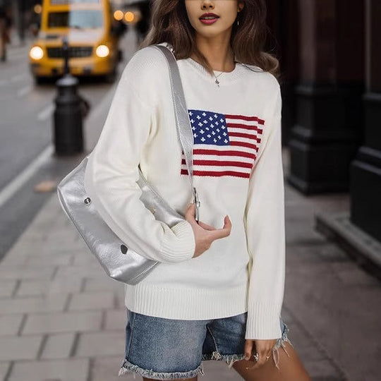 Damen Strickpullover mit Flaggenmotiv und lässigem Schnitt Heidi-Mode