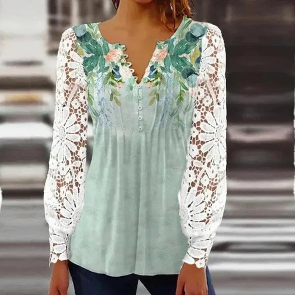 Damen Spitzenbluse mit eleganten Knopfdetails und voluminösen Ärmeln Heidi-Mode