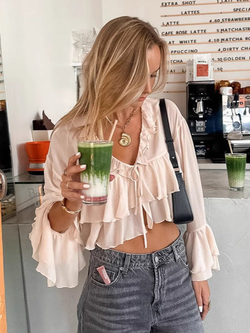 Damen Chiffon Bluse mit Rüschendetails und schickem Kordelzug Heidi-Mode