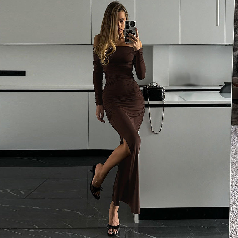 Damen figurbetontes Maxikleid mit Raffungen und elegantem Schlitz Heidi-Mode