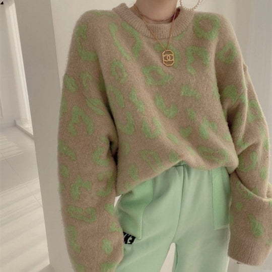 Damen Flauschiger Leopardenmuster Pullover Heidi-Mode