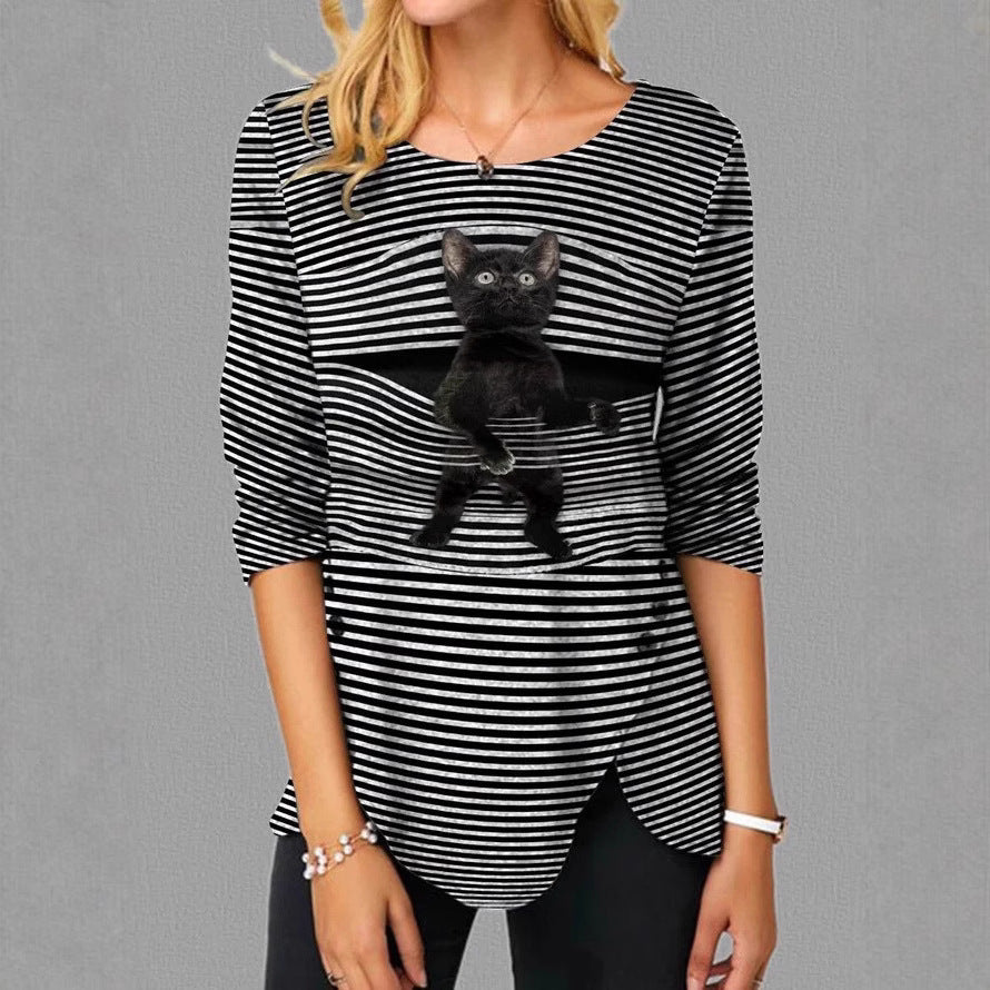 Damen lässige T-Shirt mit Katzenmotiv Heidi-Mode