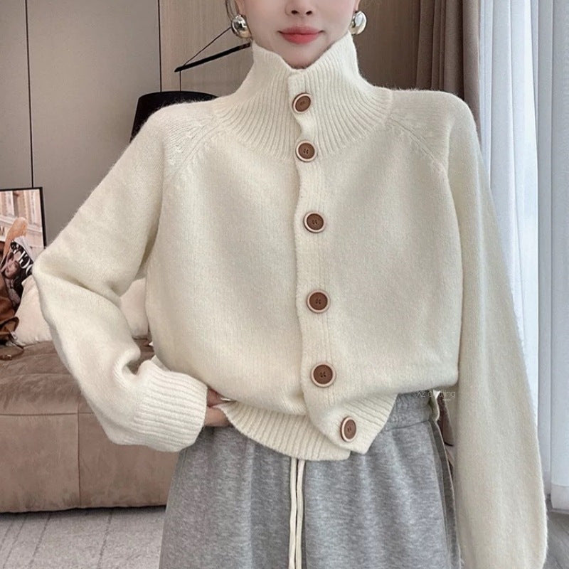 Damen kuscheliger Hochkragen-Cardigan mit Knopfdetails Heidi-Mode
