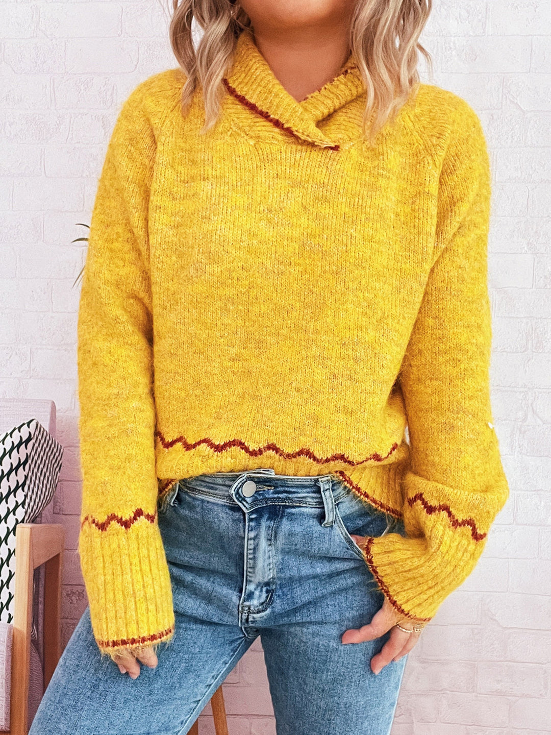 Damen lässiger Strickpullover mit modischem Kragen und fransigen Akzenten Heidi-Mode