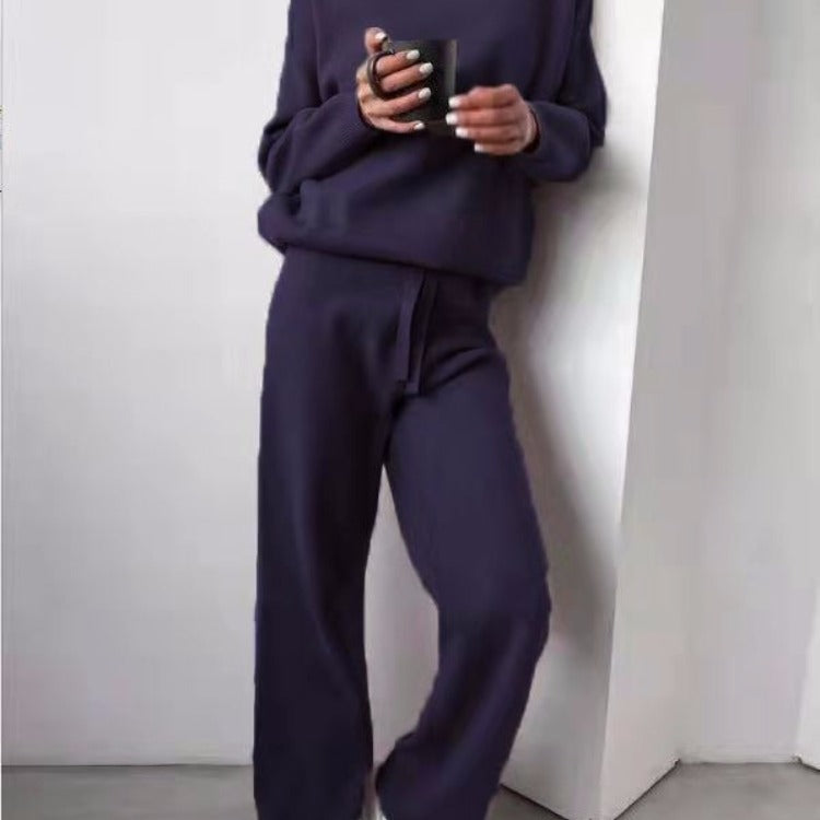 Damen kuscheliges Strick-Loungewear-Set mit weiten Hosen und elegantem Rundhalsausschnitt Heidi-Mode