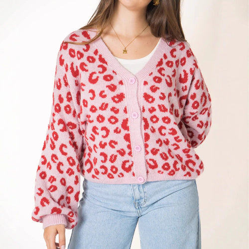 Damen lässiger Strickcardigan mit elegantem Leopardenmuster Heidi-Mode