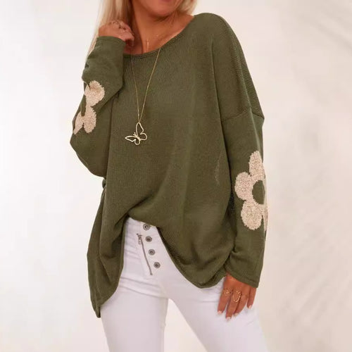 Damen grob gestrickter Pullover mit floralem Design und weitem Schnitt Heidi-Mode