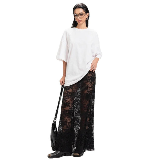 Damen Maxirock aus eleganter Spitze mit hohem Schlitz und voluminösem Schnitt Heidi-Mode