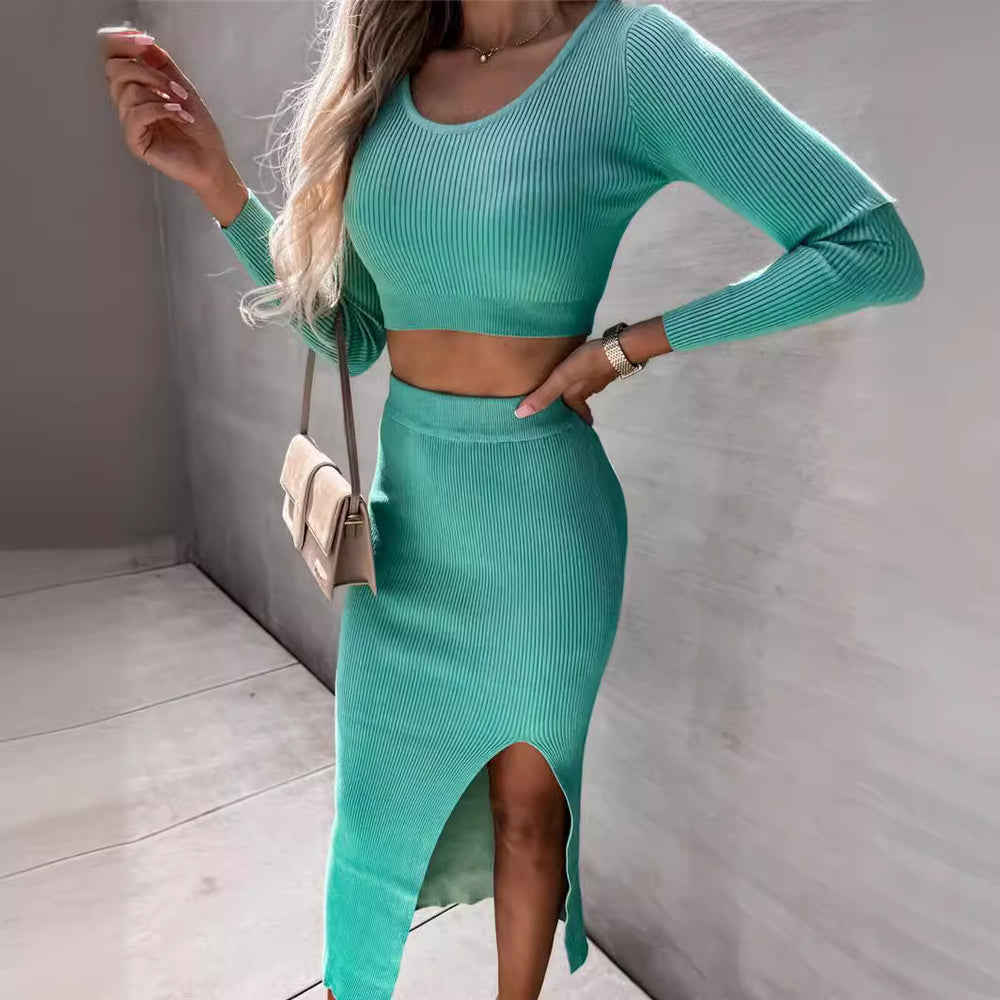 Damen Figurbetonendes Rippstrick-Set mit langem Arm und Schlitz-Wickelrock Heidi-Mode