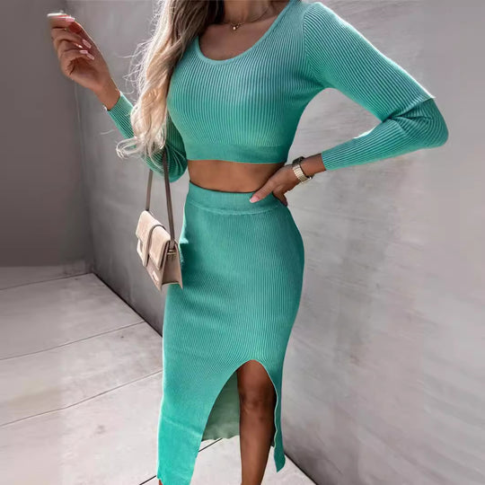 Damen Figurbetonendes Rippstrick-Set mit langem Arm und Schlitz-Wickelrock Heidi-Mode